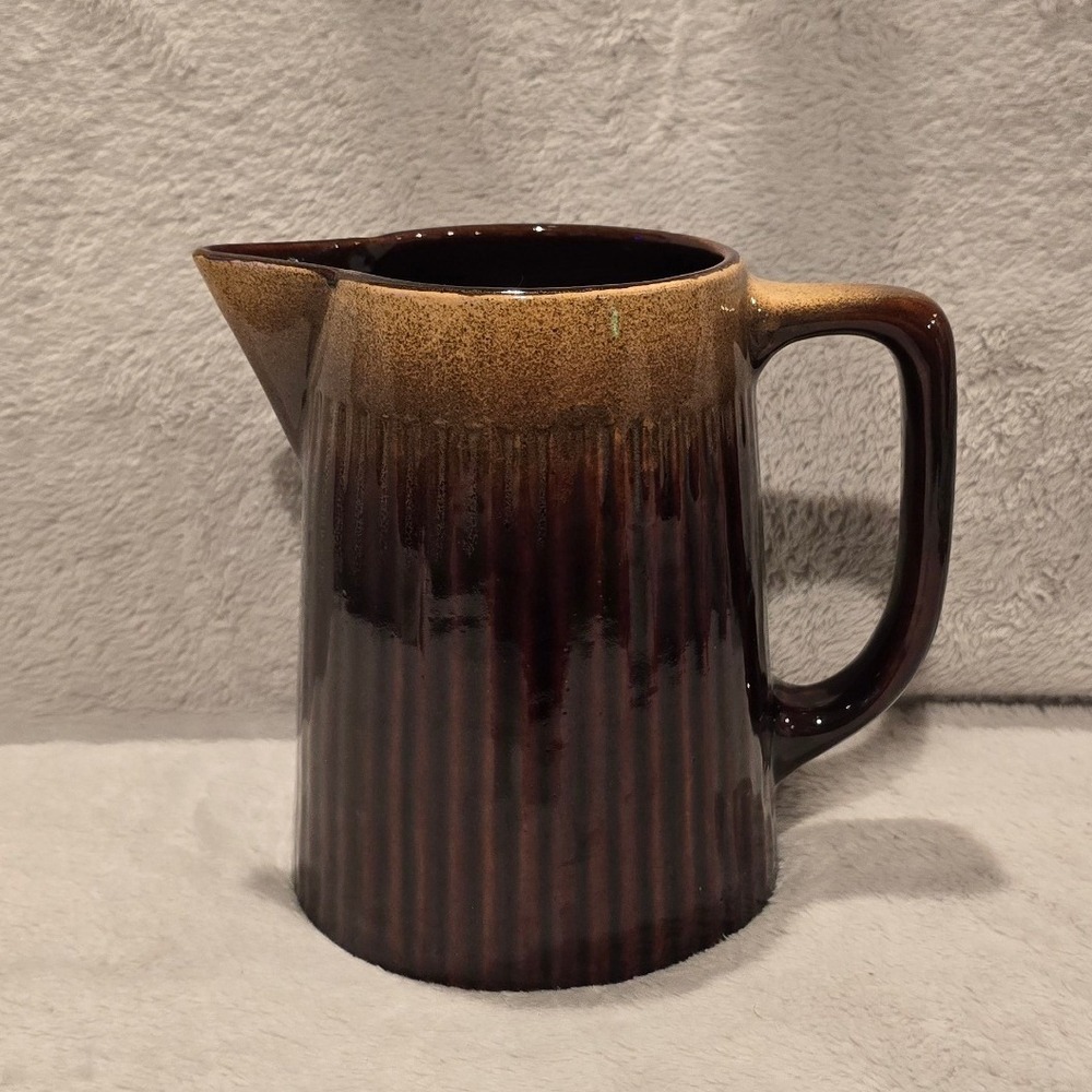 Vintage USA Pottery Brown Drip Glaze Ribbed Ceramic Pitcher Mid Century Modern